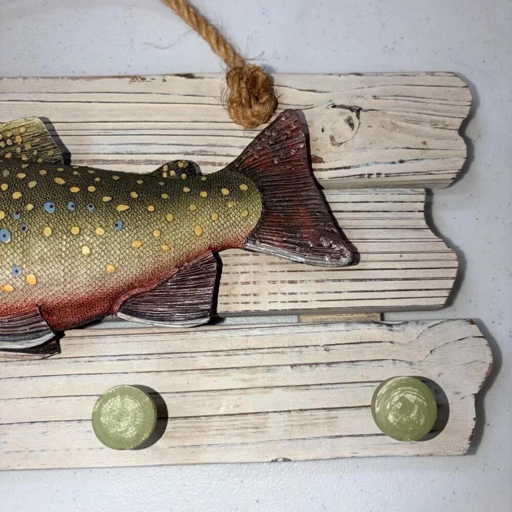 Brook Trout Resin Wall Art 4 Hooks Hanging Rack Realistic 2D Cabin Lodge Western